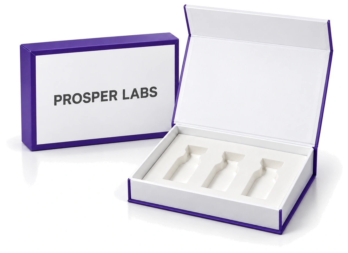 Prosper Labs magnetic-close presentation box with foam-cut cradles for three vials